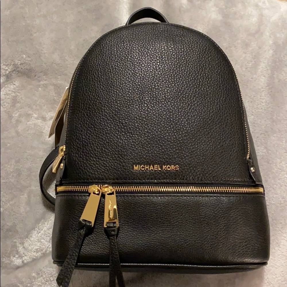 Michael Kors Medium Rhea Backpack Black and Gold